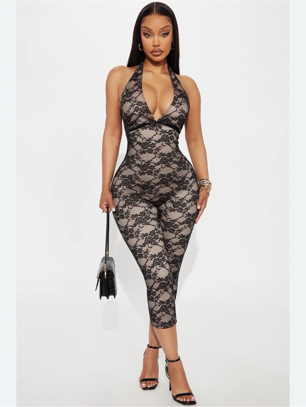 Fashion Nova Black Lace Halter Jumpsuit with Nude Lining